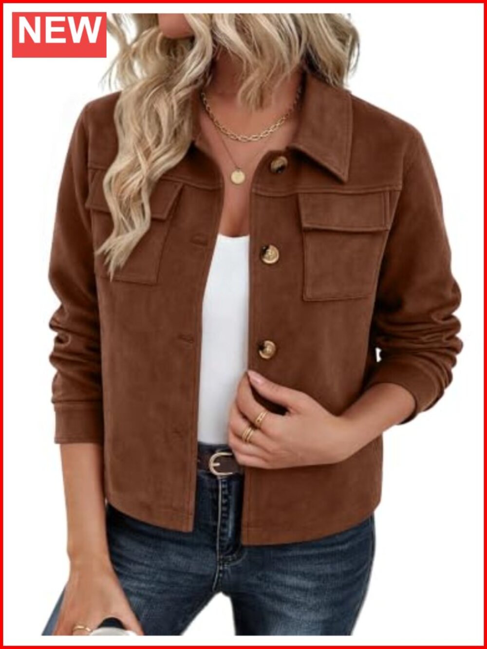 Faux Suede Cropped Jacket Shacket Button Up Collared Long Sleeve Fall